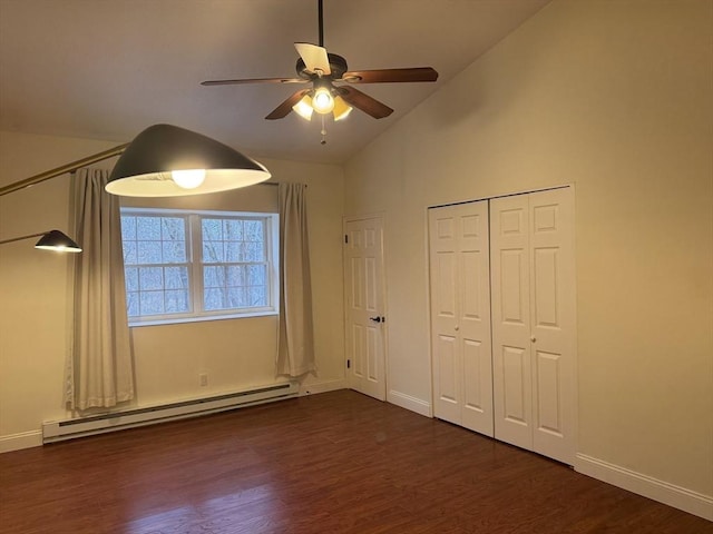 unfurnished bedroom with high vaulted ceiling, ceiling fan, a baseboard radiator, and dark hardwood / wood-style flooring