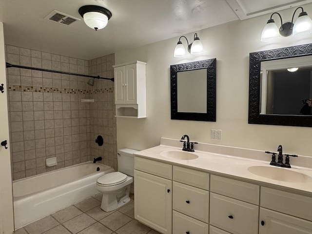 full bathroom featuring vanity, tile patterned flooring, tiled shower / bath combo, and toilet