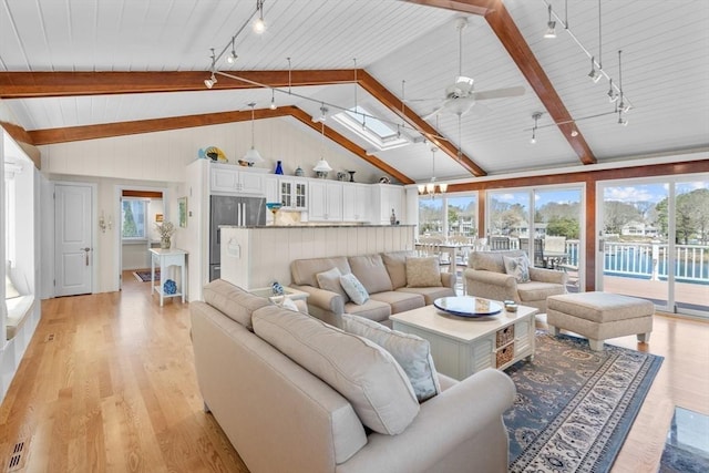 160 Waterway, Mashpee, MA 02649 - living area with rail lighting, light wood-style flooring, ceiling fan, and wooden ceiling