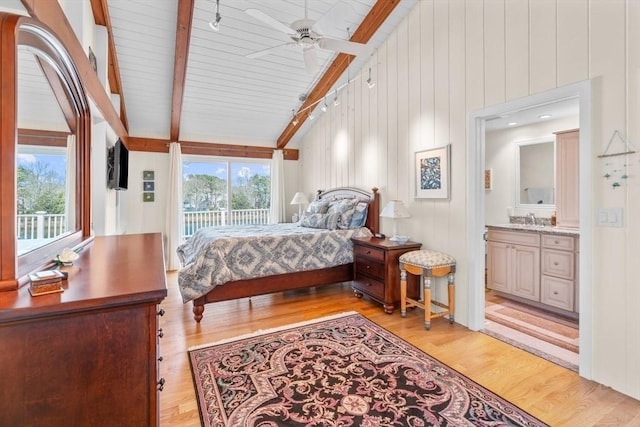 160 Waterway, Mashpee, MA 02649 - bedroom with a sink, access to outside, light wood finished floors, connected bathroom, and ceiling fan