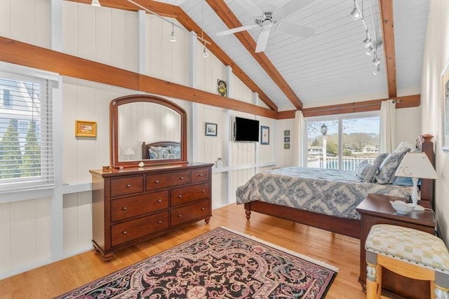160 Waterway, Mashpee, MA 02649 - bedroom featuring light wood-type flooring, multiple windows, access to exterior, beamed ceiling, and high vaulted ceiling