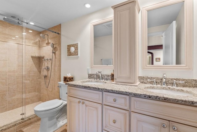 160 Waterway, Mashpee, MA 02649 - full bathroom featuring a shower stall, toilet, double vanity, and recessed lighting