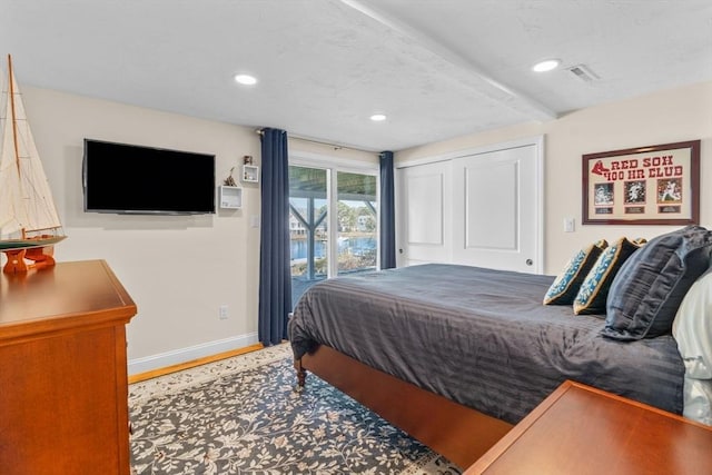 160 Waterway, Mashpee, MA 02649 - bedroom with baseboards, recessed lighting, wood finished floors, and access to outside
