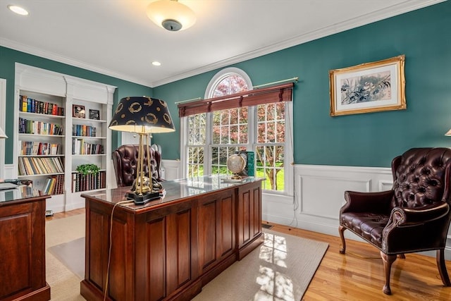 20 Peakham Rd, Sudbury, MA 01776 - home office with recessed lighting, ornamental molding, light wood-style flooring, and a wainscoted wall