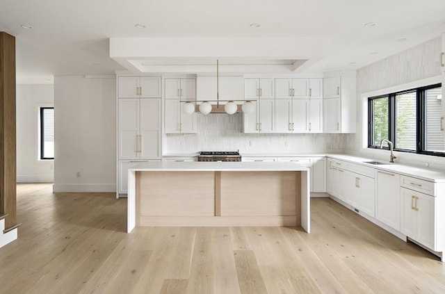 228 Auburn St Unit 228, Newton, MA 02466 - kitchen featuring a kitchen island, light countertops, light wood-style floors, a tray ceiling, and backsplash
