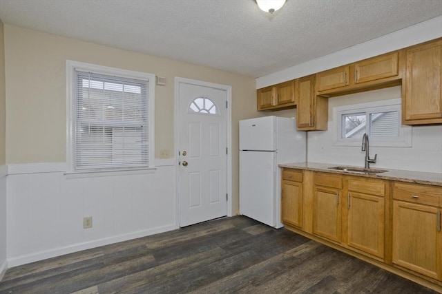 kitchen with wainscoting, a sink, freestanding refrigerator, and dark wood finished floors