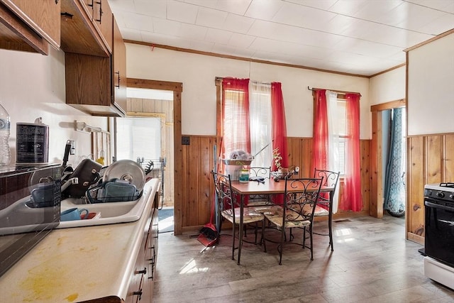 dining area featuring wainscoting, wood walls, and wood finished floors