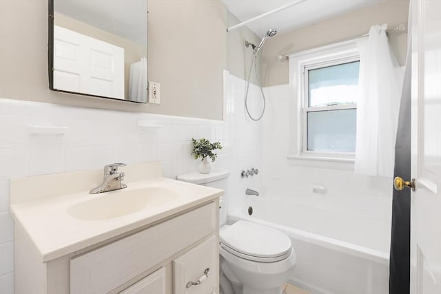 273 Greendale Ave, Needham, MA 02494 - bathroom featuring toilet, vanity, shower / bathtub combination with curtain, tile walls, and wainscoting