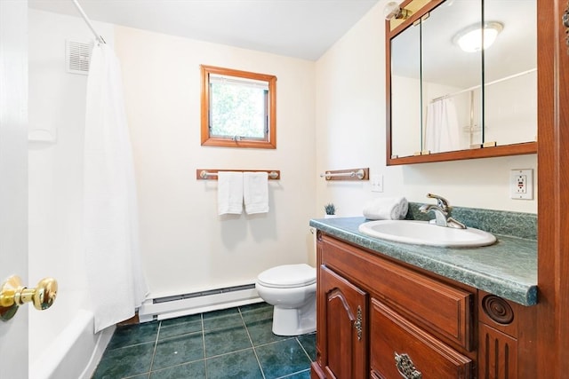 273 Greendale Ave, Needham, MA 02494 - bathroom with baseboard heating, vanity, tile patterned floors, toilet, and shower / bath combination with curtain