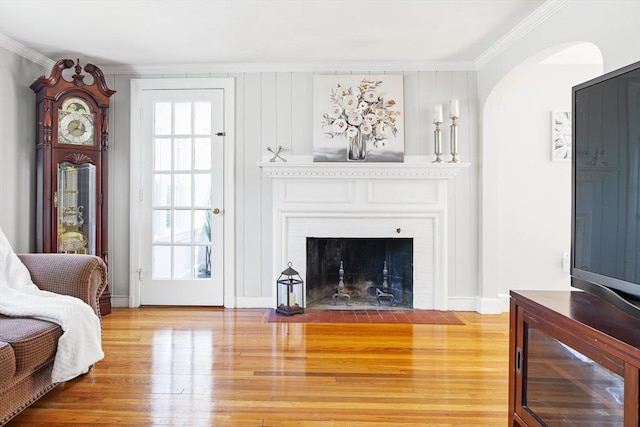273 Greendale Ave, Needham, MA 02494 - living area featuring light wood-style floors, crown molding, a fireplace, and baseboards