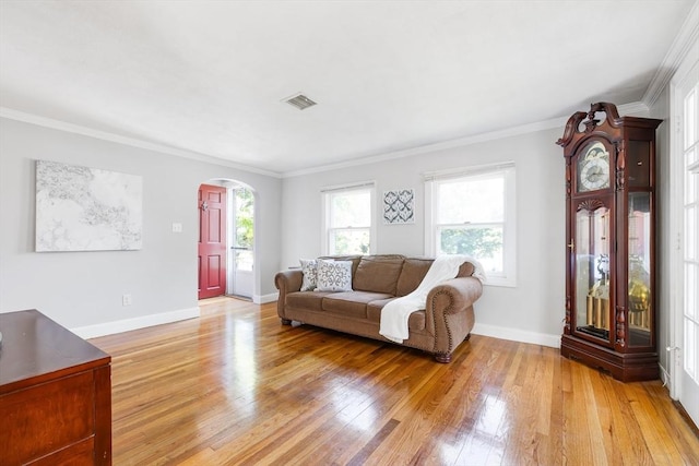273 Greendale Ave, Needham, MA 02494 - living area with arched walkways, light wood-type flooring, ornamental molding, and baseboards