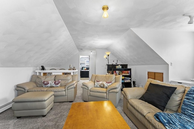 living area with carpet floors, visible vents, a textured ceiling, a baseboard heating unit, and vaulted ceiling