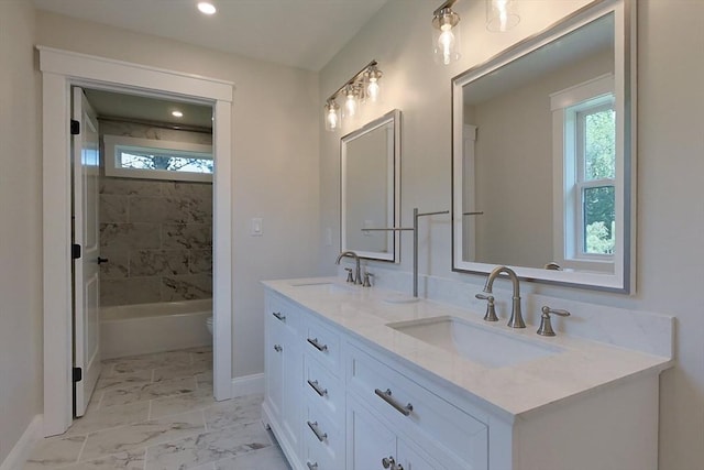 12 Willow St, Pepperell, MA 01463 - full bathroom with double vanity, baseboards, toilet, marble finish flooring, and recessed lighting