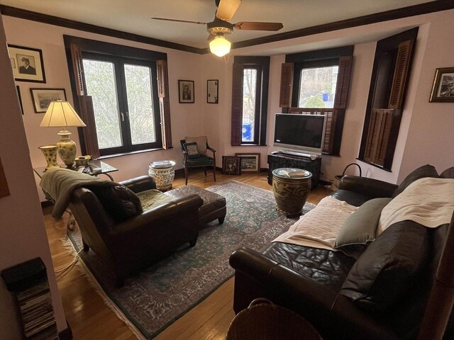 living area with wood finished floors, plenty of natural light, and ceiling fan