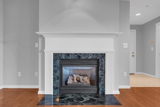 interior details featuring a premium fireplace and hardwood / wood-style floors