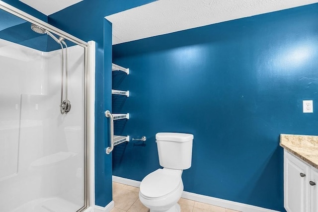 bathroom with tile patterned flooring, a textured ceiling, toilet, and an enclosed shower