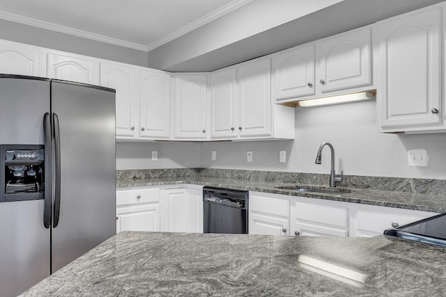 kitchen featuring white cabinets, stainless steel fridge, black dishwasher, and sink