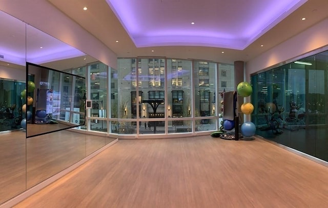 exercise room with floor to ceiling windows, wood finished floors, and a raised ceiling