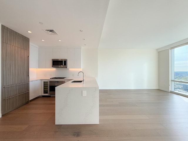 kitchen featuring a sink, a peninsula, appliances with stainless steel finishes, light wood finished floors, and light countertops