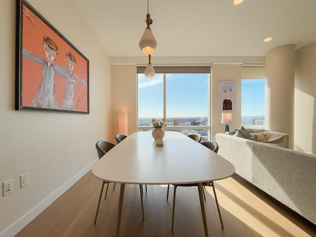 dining room featuring wood finished floors, baseboards, and recessed lighting