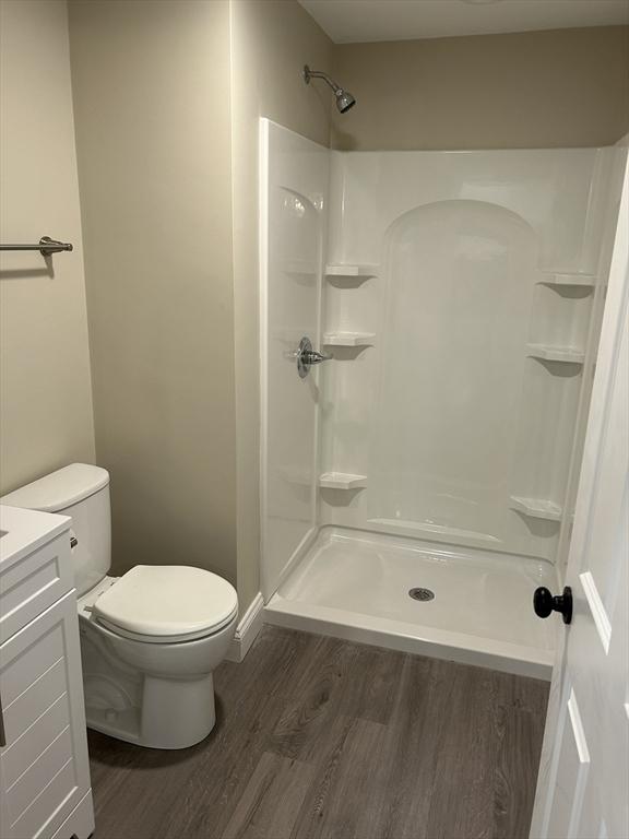 bathroom featuring vanity, toilet, wood finished floors, and walk in shower