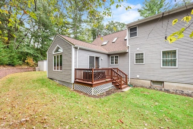 525 Thurston St, Wrentham, MA 02093 - back of house with a wooden deck, a yard, and roof with shingles