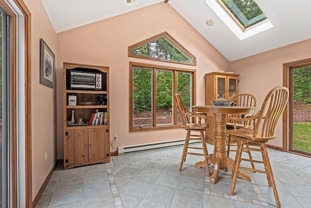 525 Thurston St, Wrentham, MA 02093 - dining room with a baseboard radiator, a skylight, baseboards, inlaid floor details, and high vaulted ceiling