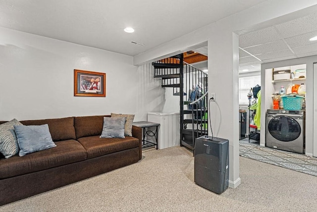 525 Thurston St, Wrentham, MA 02093 - carpeted living room with washer / dryer, stairway, and recessed lighting