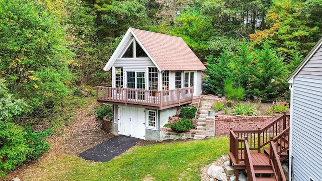 525 Thurston St, Wrentham, MA 02093 - rear view of house featuring a wooden deck, a forest view, and a yard