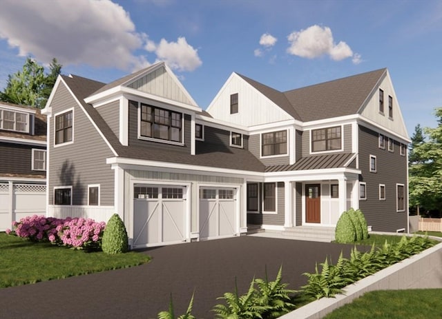 view of front of property with a garage, aphalt driveway, board and batten siding, and a shingled roof