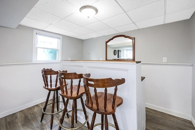 bar featuring baseboards, a drop ceiling, a bar, and wood finished floors