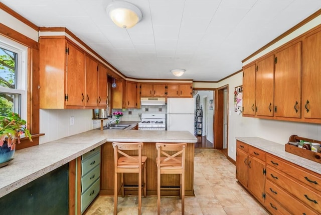 130 N Walker St, Taunton, MA 02780 - kitchen with white appliances, under cabinet range hood, a sink, light countertops, and a peninsula