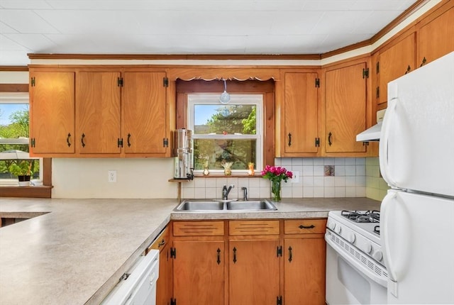 130 N Walker St, Taunton, MA 02780 - kitchen featuring white appliances, a sink, backsplash, and light countertops