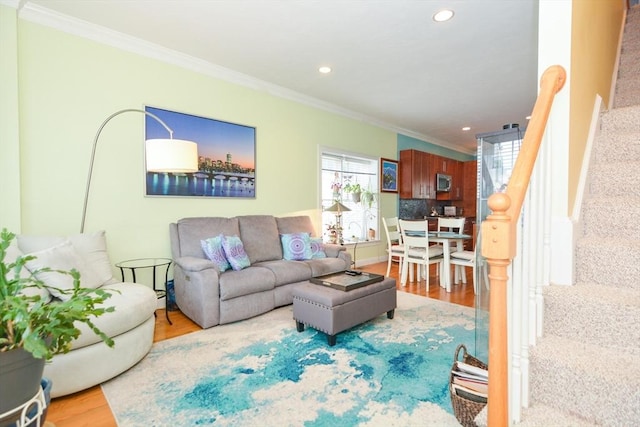 41 Oak St Unit 2, Waltham, MA 02453 - living area featuring ornamental molding, wood finished floors, and recessed lighting