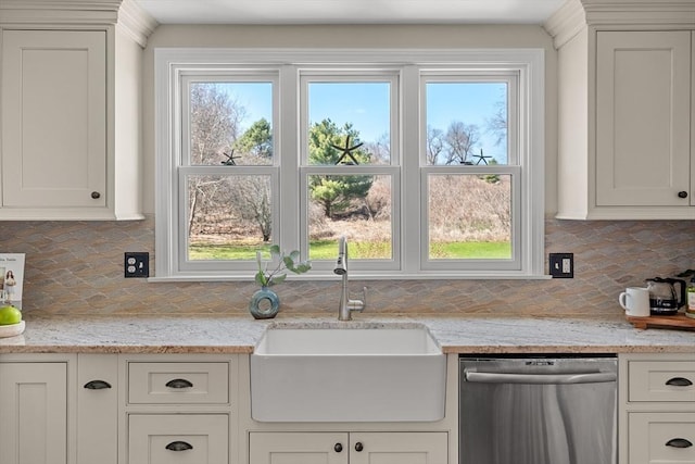 kitchen featuring a sink, decorative backsplash, dishwasher, and white cabinetry