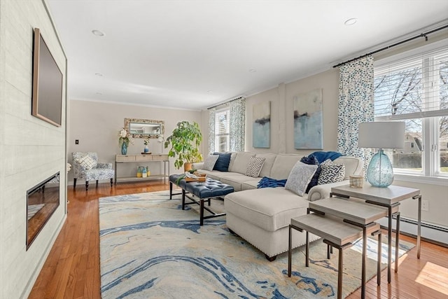 living area featuring ornamental molding, wood finished floors, and a tile fireplace