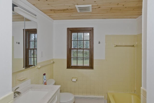 7 Summit Dr, Westfield, MA 01085 - bathroom with wooden ceiling, tile walls, vanity, a wainscoted wall, and radiator heating unit
