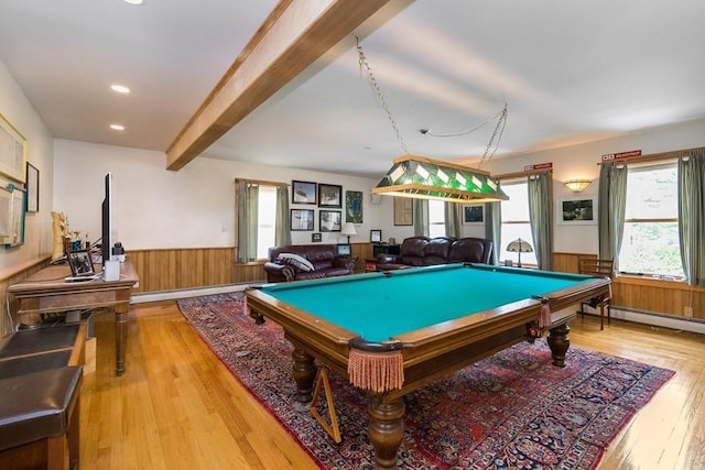 18 W Shore Dr, Goshen, MA 01032 - rec room with a wainscoted wall, light wood finished floors, wooden walls, recessed lighting, and pool table
