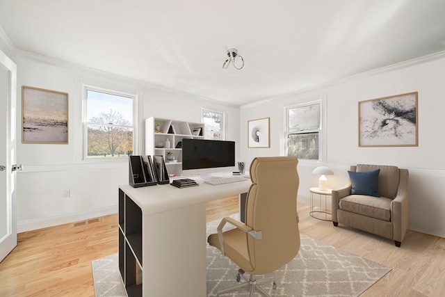 office with ornamental molding and light wood-type flooring