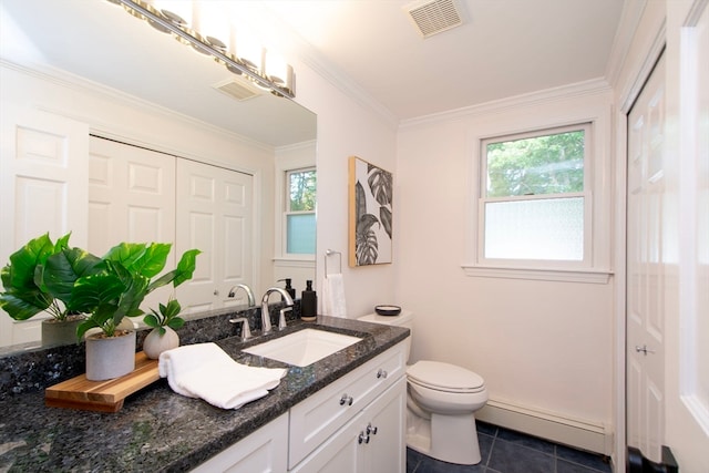 bathroom featuring vanity, tile patterned flooring, a baseboard heating unit, crown molding, and toilet