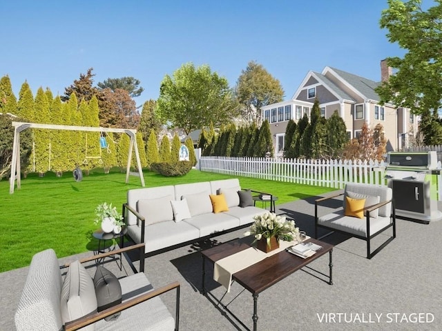 view of patio featuring outdoor lounge area and fence