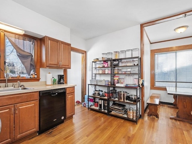 kitchen featuring brown cabinetry, a sink, light countertops, black dishwasher, and light wood-style floors