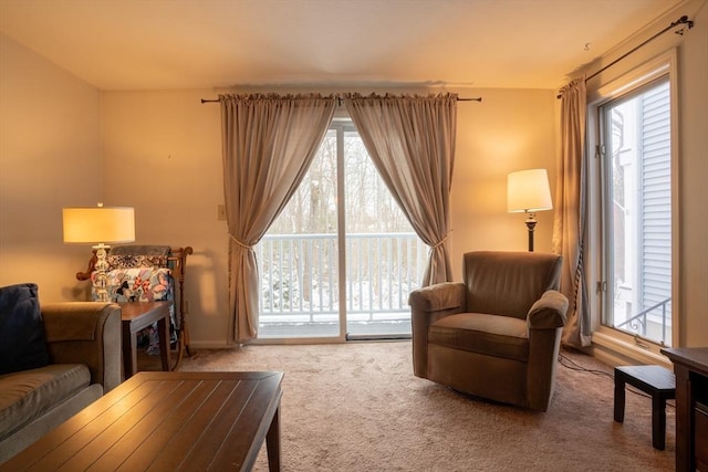 sitting room featuring a healthy amount of sunlight and carpet flooring