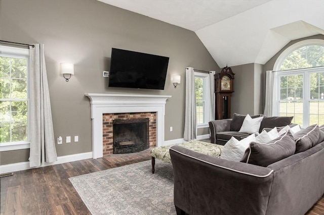 3 Integrity Way, Groton, MA 01450 - living room with dark wood-style floors, a fireplace, and lofted ceiling