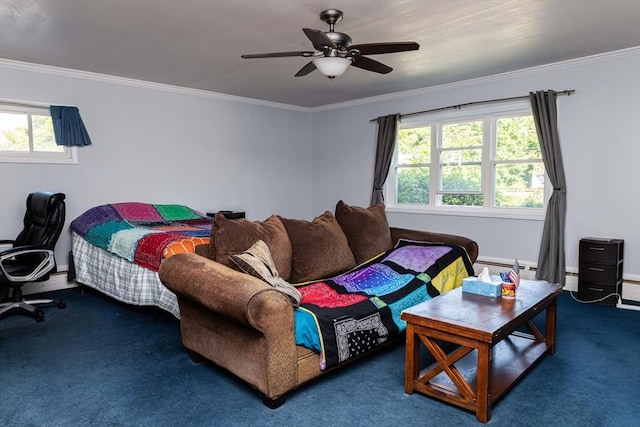 69 Front St, Shirley, MA 01464 - carpeted living room featuring crown molding, ceiling fan, and baseboards