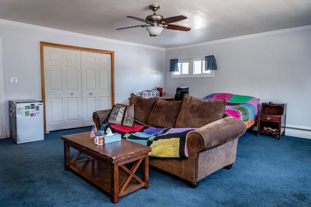69 Front St, Shirley, MA 01464 - carpeted living room with ceiling fan, ornamental molding, and baseboard heating