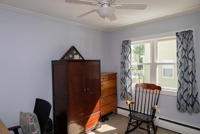 69 Front St, Shirley, MA 01464 - living area featuring crown molding, ceiling fan, an office area, and baseboard heating