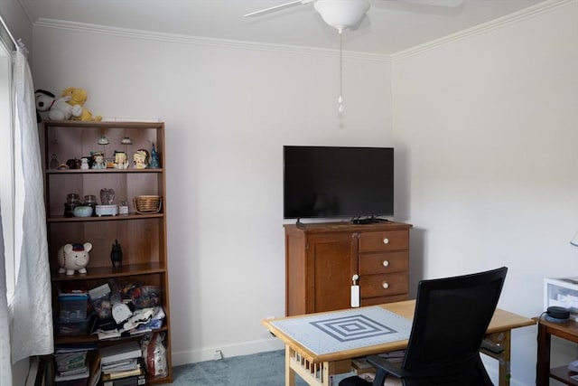 69 Front St, Shirley, MA 01464 - office area with crown molding, ceiling fan, and baseboards