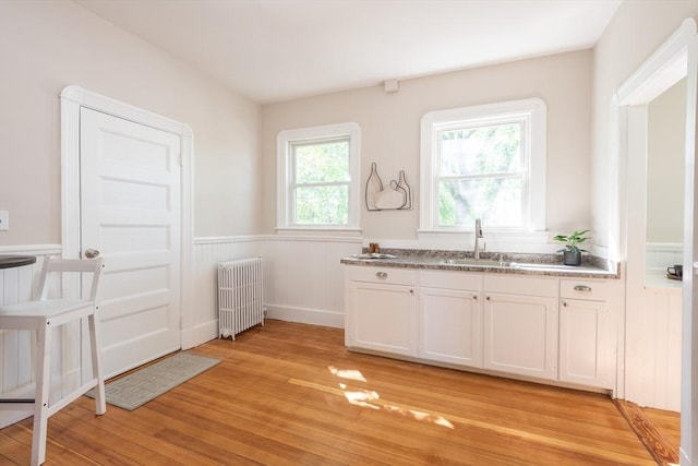 1690 Centre St Unit 2, Boston, MA 02132 - kitchen with radiator heating unit, a wainscoted wall, a sink, light wood-style flooring, and white cabinets