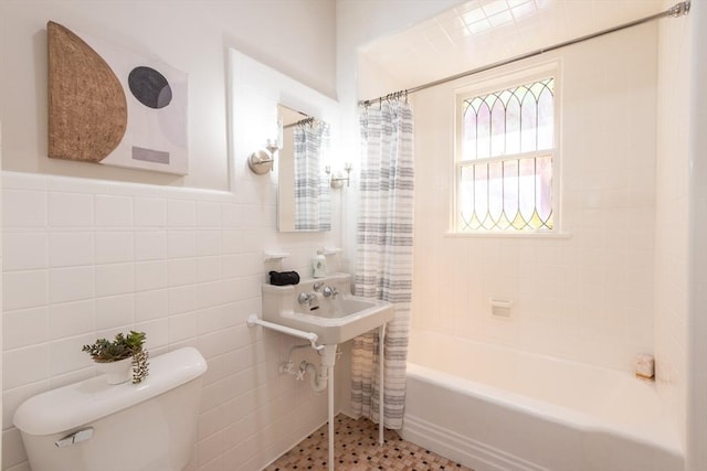 1690 Centre St Unit 2, Boston, MA 02132 - full bathroom with tile walls, toilet, and shower / bath combination with curtain